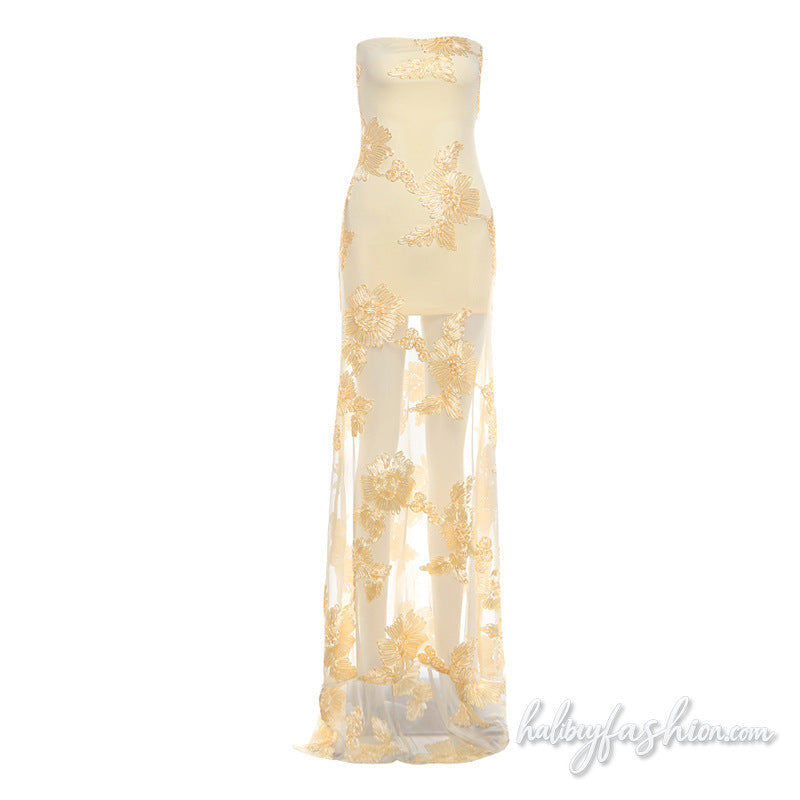 Mesh flower applique backless tube maxi dress - Halibuy - 2