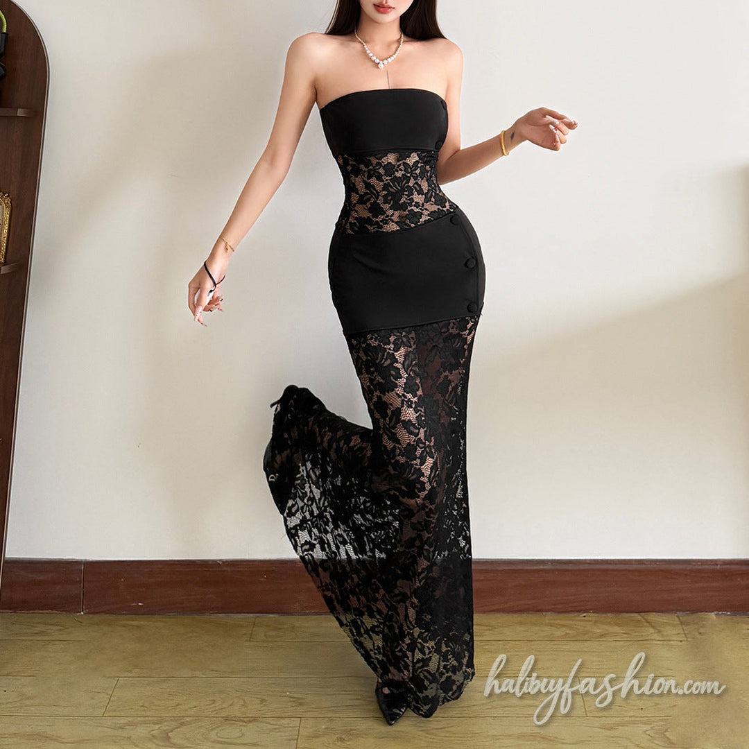 Lace solid backless tube maxi dress