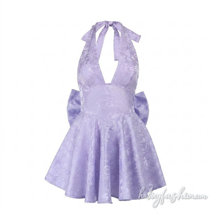 Halter self tie bowknot v neck print mini dress