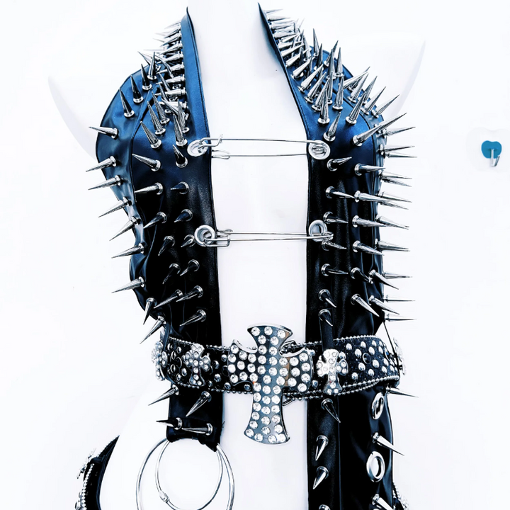 Irregular rivet applique o ring PU leather backless top  | Festival Outfits Women