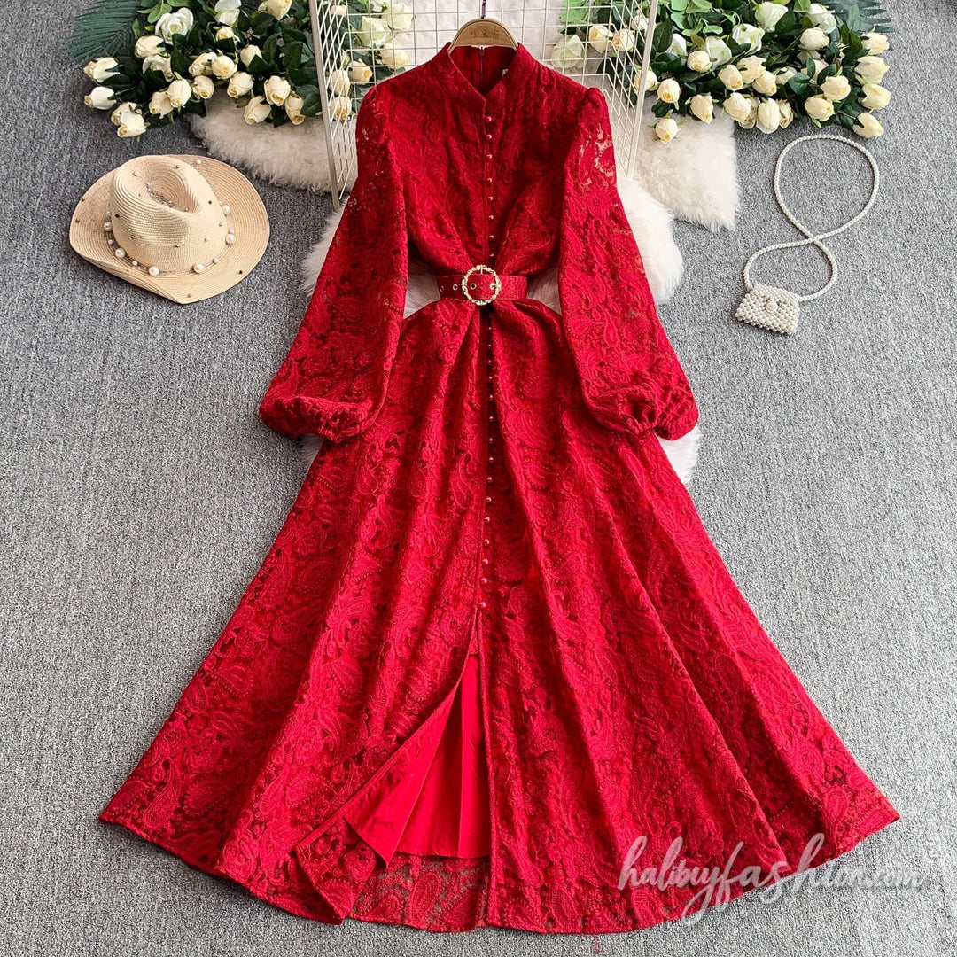 Long sleeve button lace maxi dress