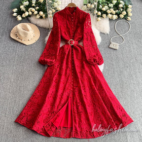 Long sleeve button lace maxi dress