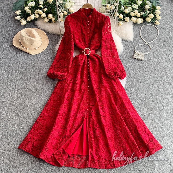 Long sleeve button lace maxi dress