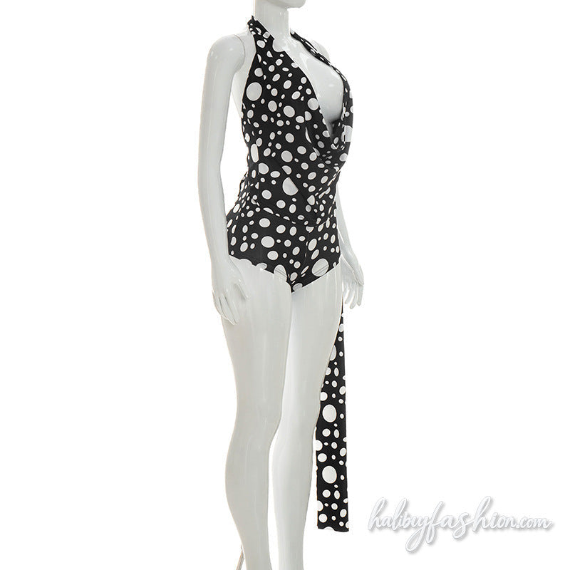 Halter self tie polka dot cowl neck pant set