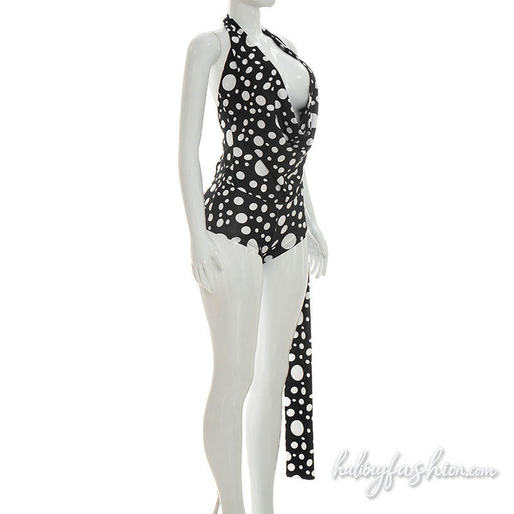 Halter self tie polka dot cowl neck pant set