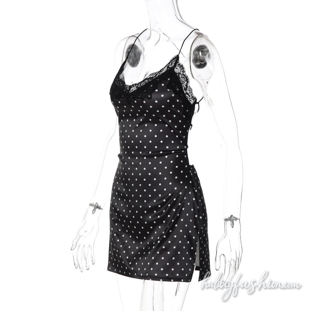 Cross back spaghetti strap lace hem polka dot mini dress - Halibuy - 3