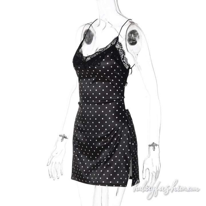 Cross back spaghetti strap lace hem polka dot mini dress - Halibuy - 3