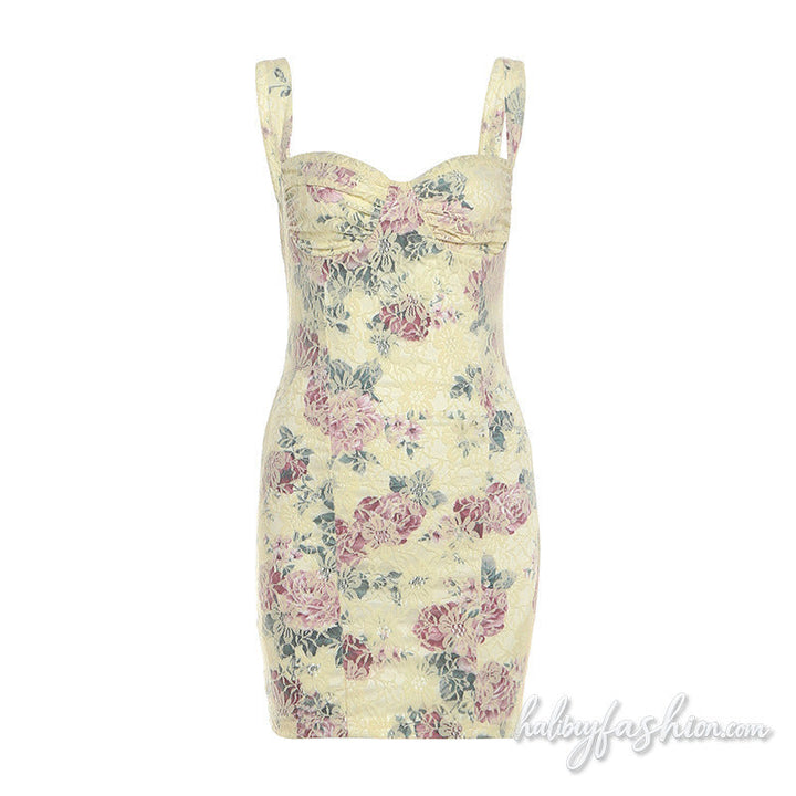 Lace flower print backless cami mini dress