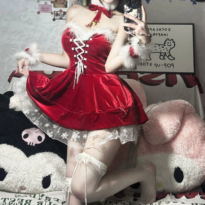 Fluffy lace up velvet backless tube mini dress  | Festival Outfits Women-final-sale