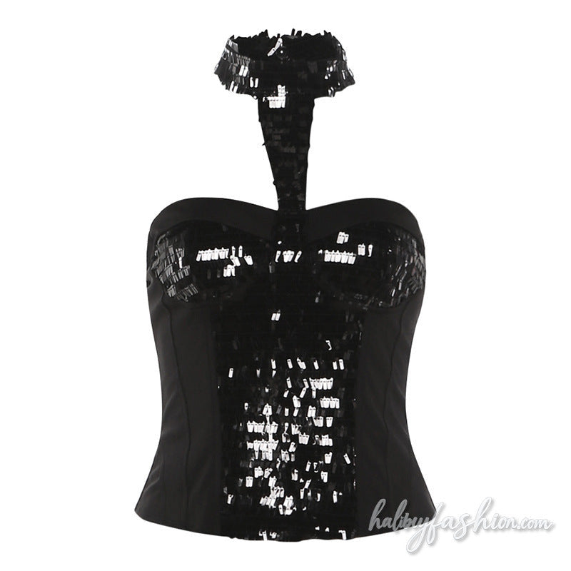 Halter glitter button backless solid top