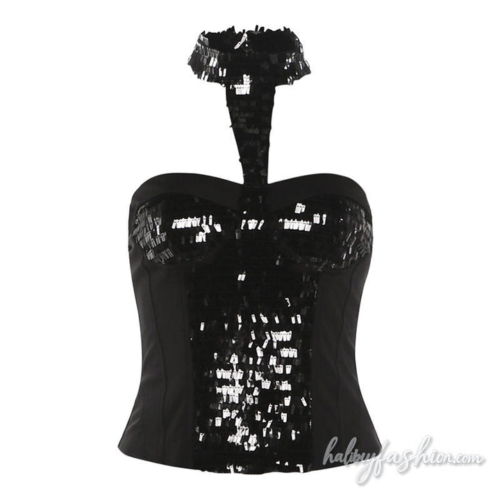 Halter glitter button backless solid top