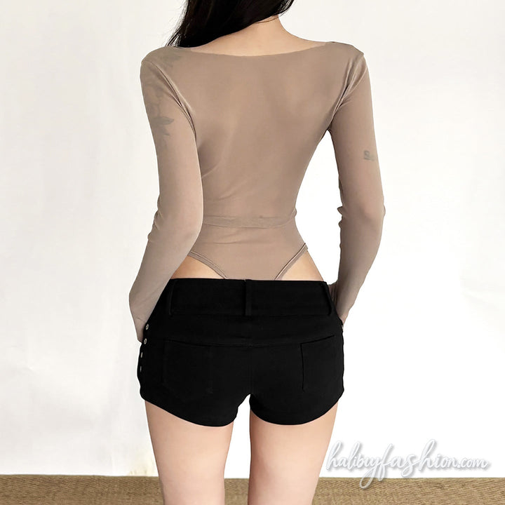 Long sleeve see through round neck button bodysuit