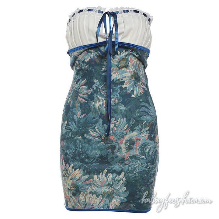 Pleated self tie hollow out flower print tube mini dress