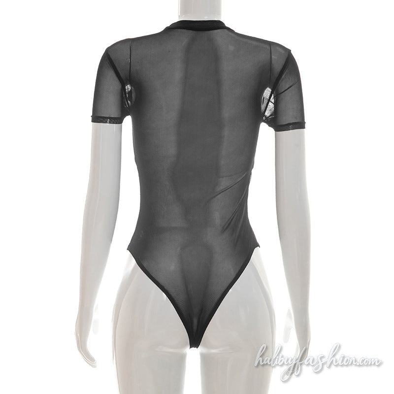 Crewneck short sleeve ruched mesh bodysuit