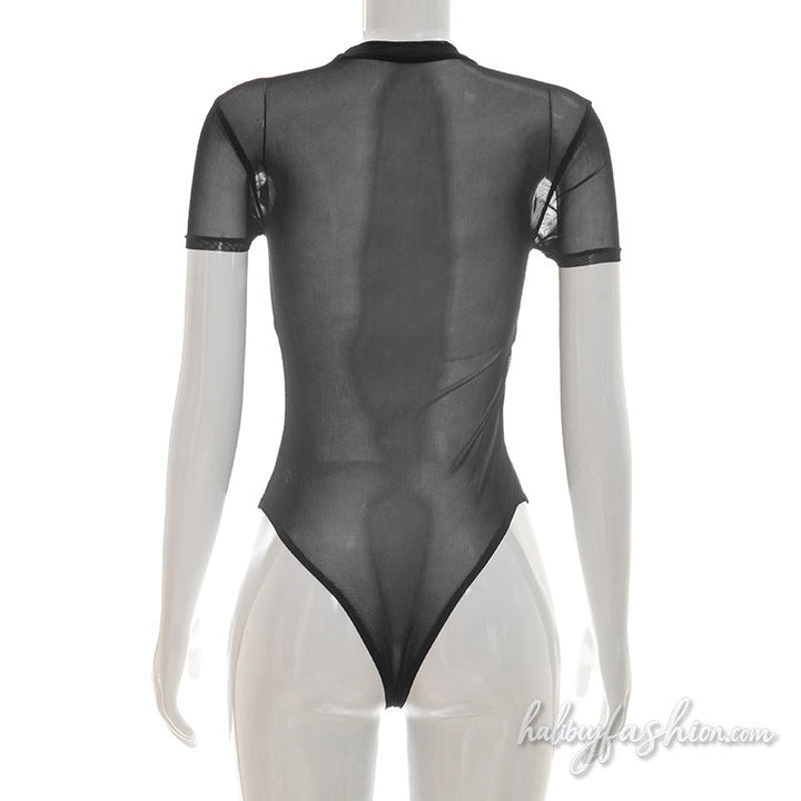 Crewneck short sleeve ruched mesh bodysuit