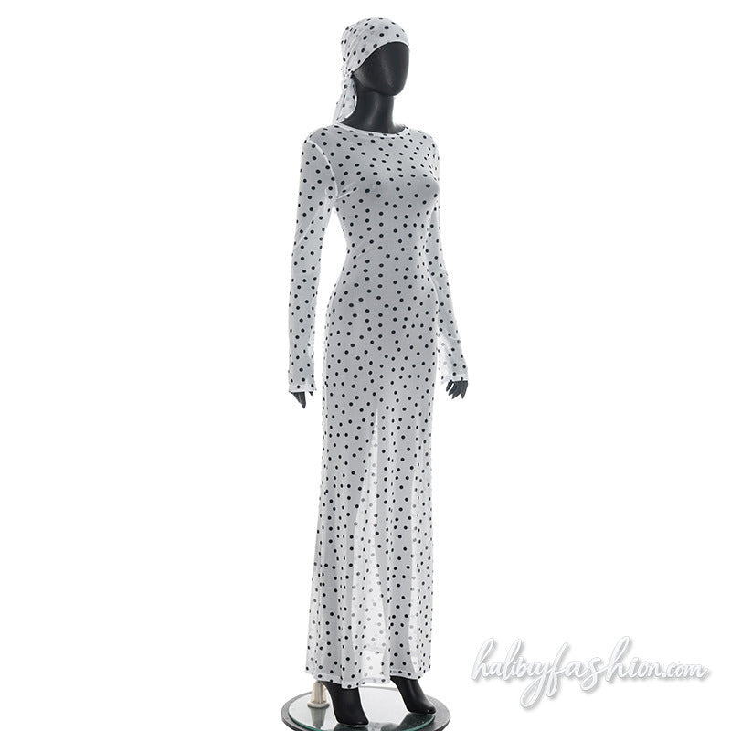Polka dot long sleeve sheer mesh crewneck maxi dress - Halibuy - 6