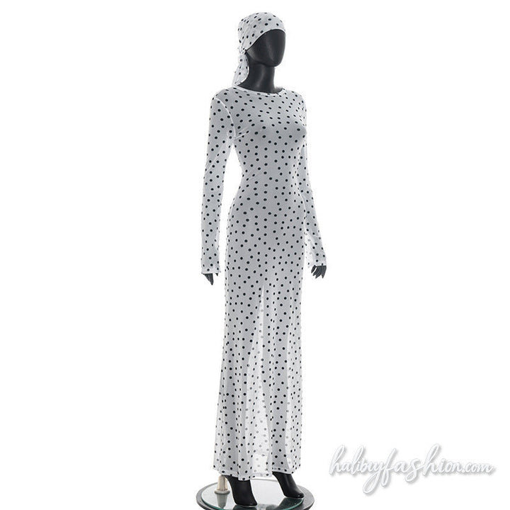 Polka dot long sleeve sheer mesh crewneck maxi dress - Halibuy - 6