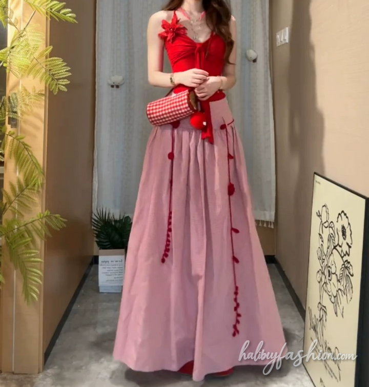 Ruched plaid flower applique v neck maxi skirt set