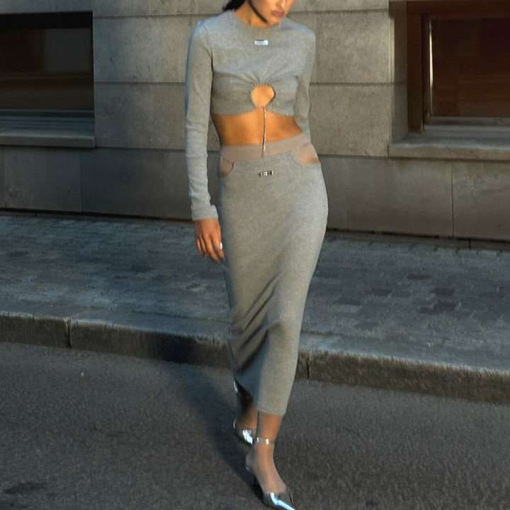 Long sleeve crewneck metal tag maxi skirt set  | Festival Outfits Women