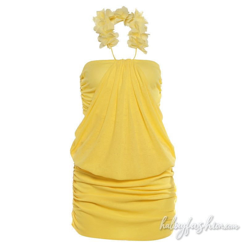 Halter ruffle ruched backless solid mini dress