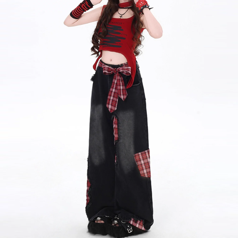 Plaid patchwork raw hem low rise straight leg | Baggy Low Rise Jeans