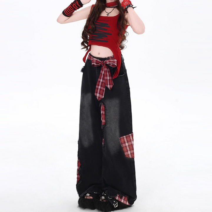 Plaid patchwork raw hem low rise straight leg | Baggy Low Rise Jeans