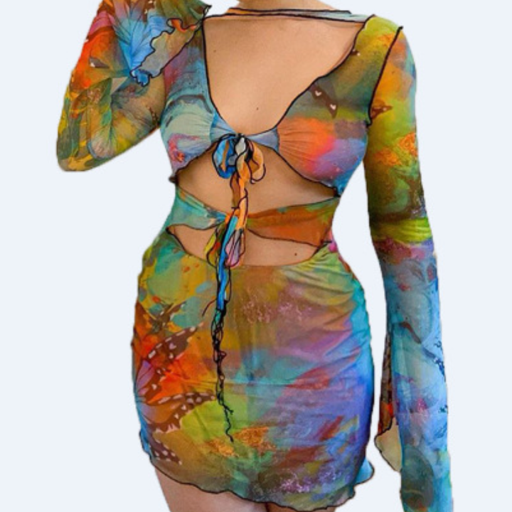 Long sleeve ruffle contrast hollow out self tie cut out mini dress  | Festival Outfits Women
