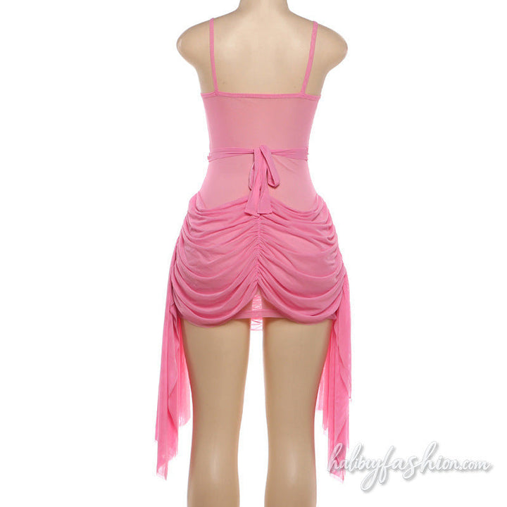 Ruched hollow out mesh v neck cami mini dress