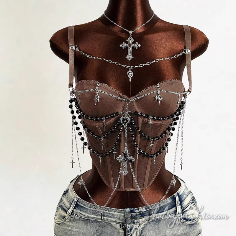 Metal chain beaded corset cami top