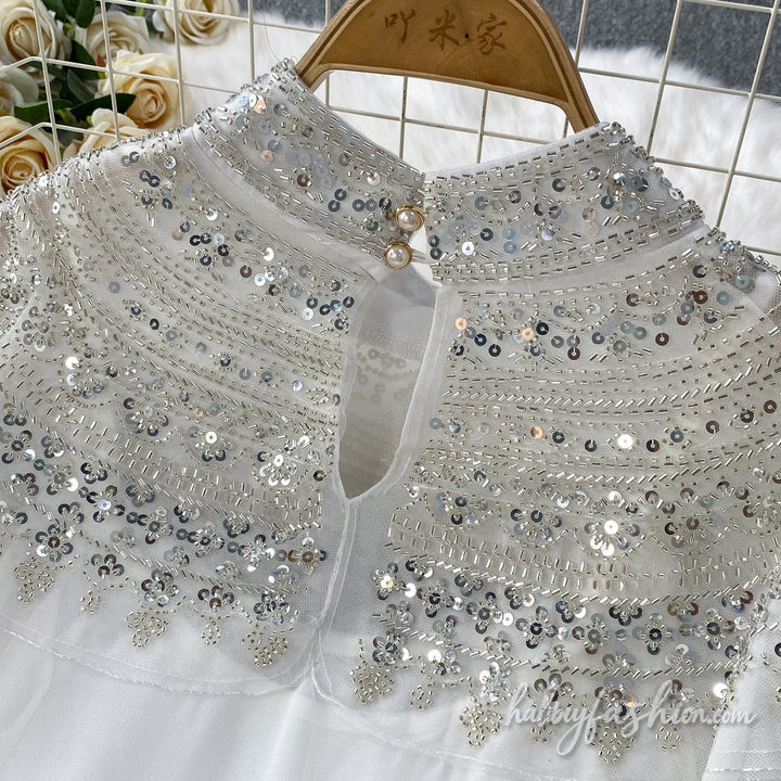 Glitter button crewneck beaded maxi dress