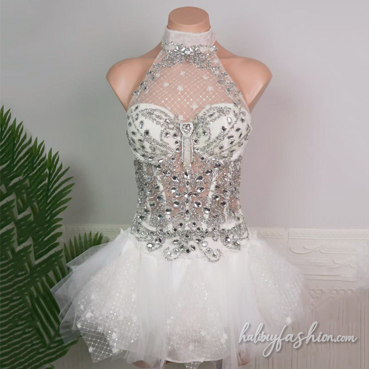 Halter hollow out beaded feather mini dress