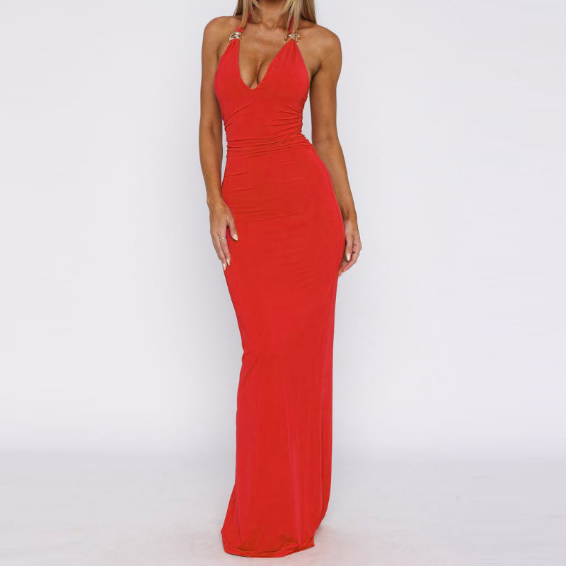 Halter self tie solid ruched v neck maxi dress  | Festival Outfits Women