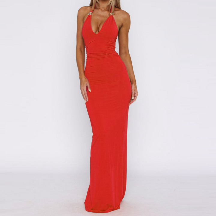 Halter self tie solid ruched v neck maxi dress  | Festival Outfits Women