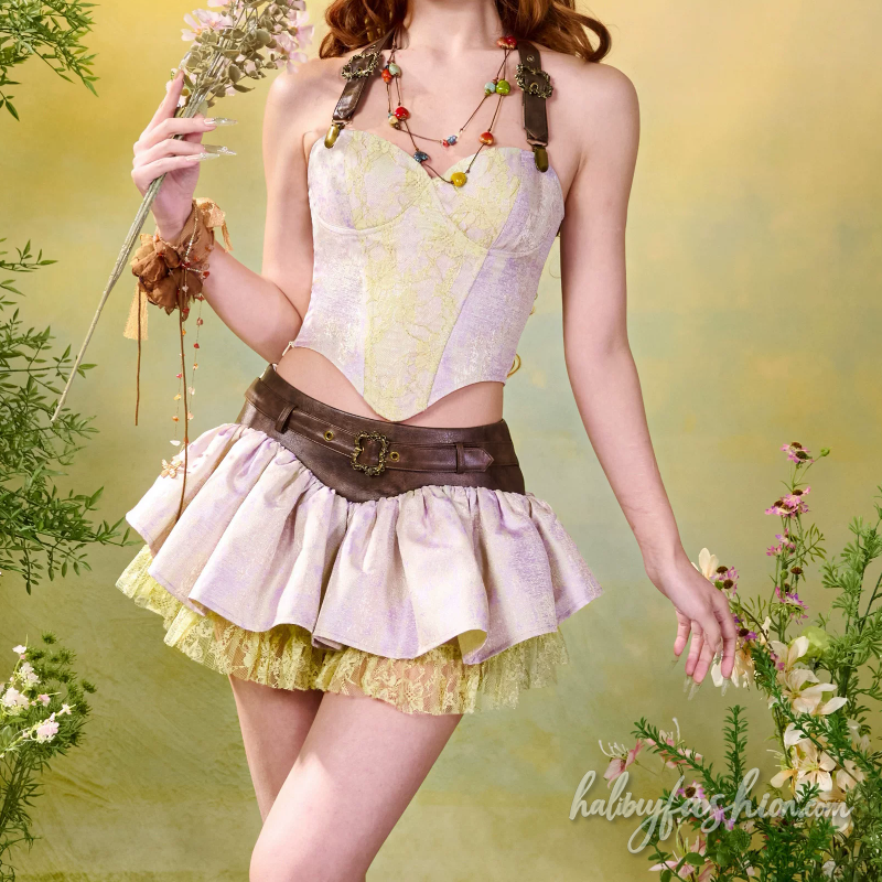 Lace ruched PU leather A line mini skirt