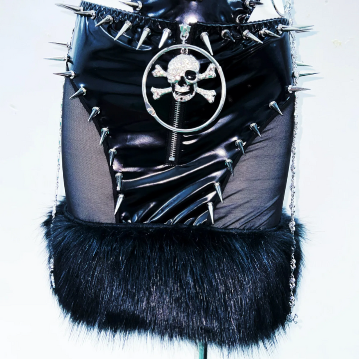 Halter metal chain see through rivet applique mini skirt set