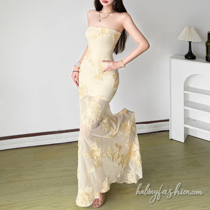 Mesh flower applique backless tube maxi dress - Halibuy - 3