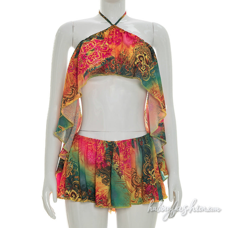 Halter self tie print ruffle backless pant set