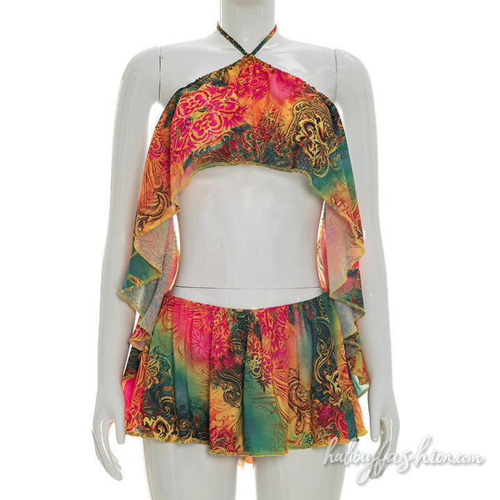 Halter self tie print ruffle backless pant set