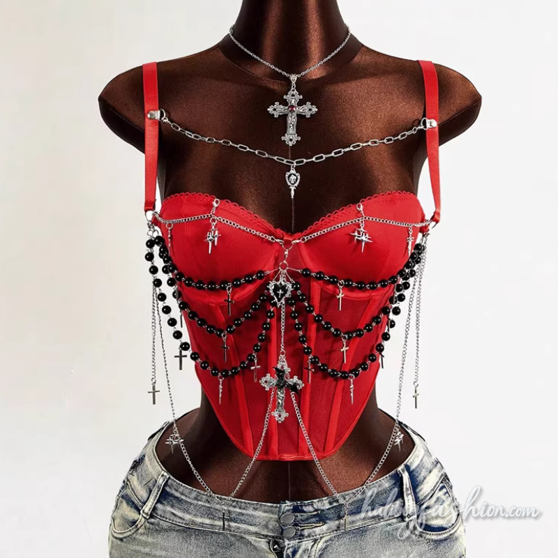 Metal chain beaded corset cami top