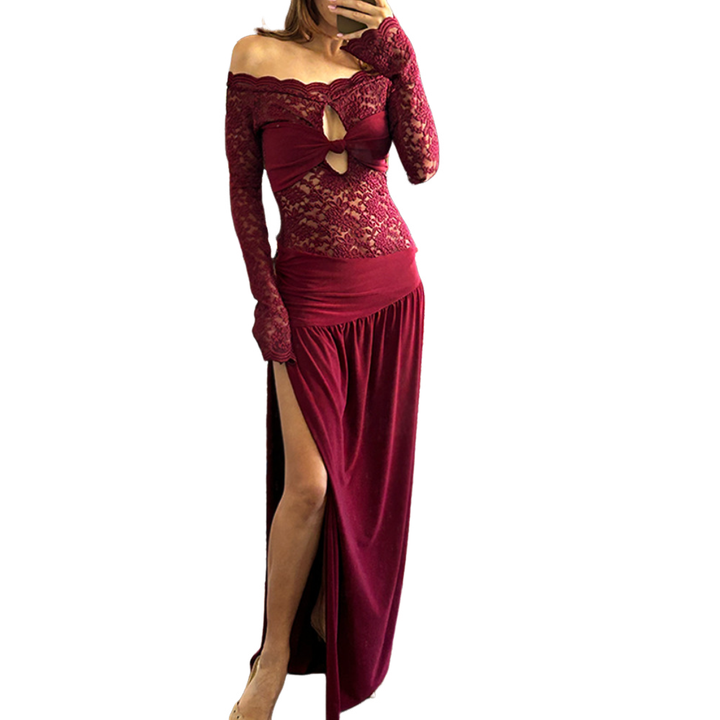 Long sleeve off shoulder hollow out lace slit cut out maxi dress  | Festival Outfits Women