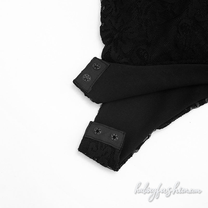Lace crewneck button solid backless bodysuit