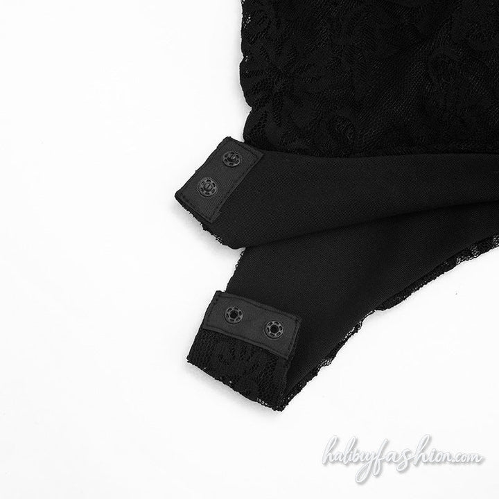 Lace crewneck button solid backless bodysuit