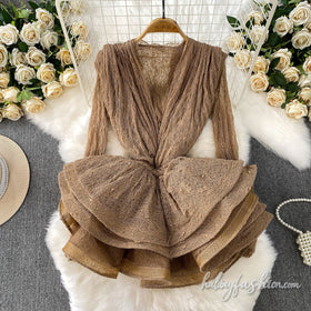 Long sleeve v neck ruffle 2 piece mini dress