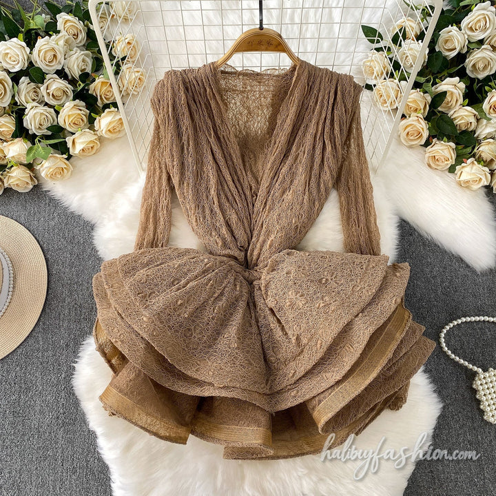 Long sleeve v neck ruffle 2 piece mini dress