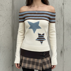 Long sleeve off shoulder striped print star pattern top  | Festival Outfits Women