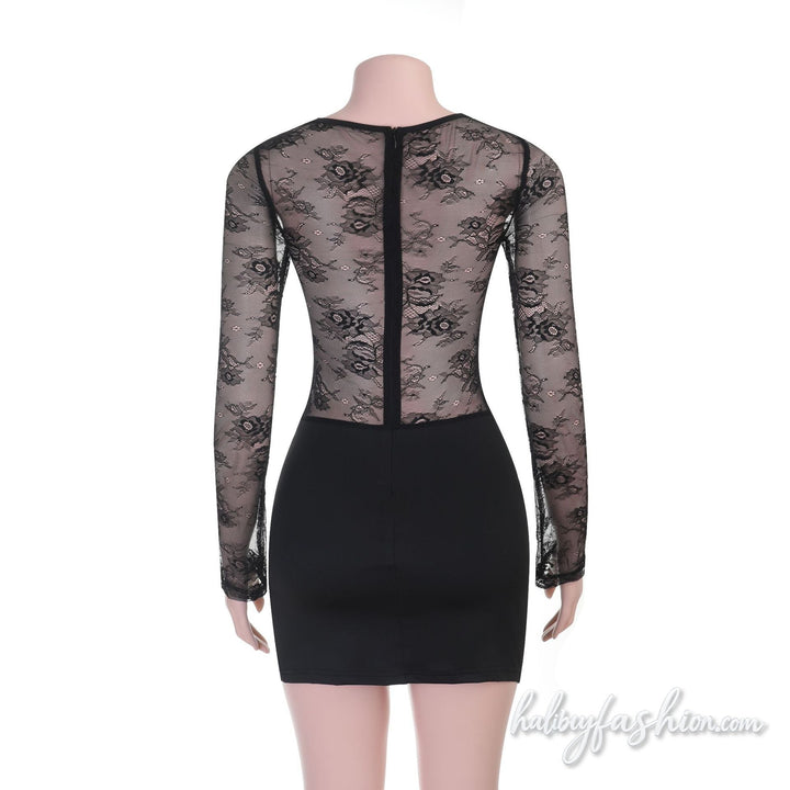 Lace long sleeve ruched slit crewneck mini dress - Halibuy - 5