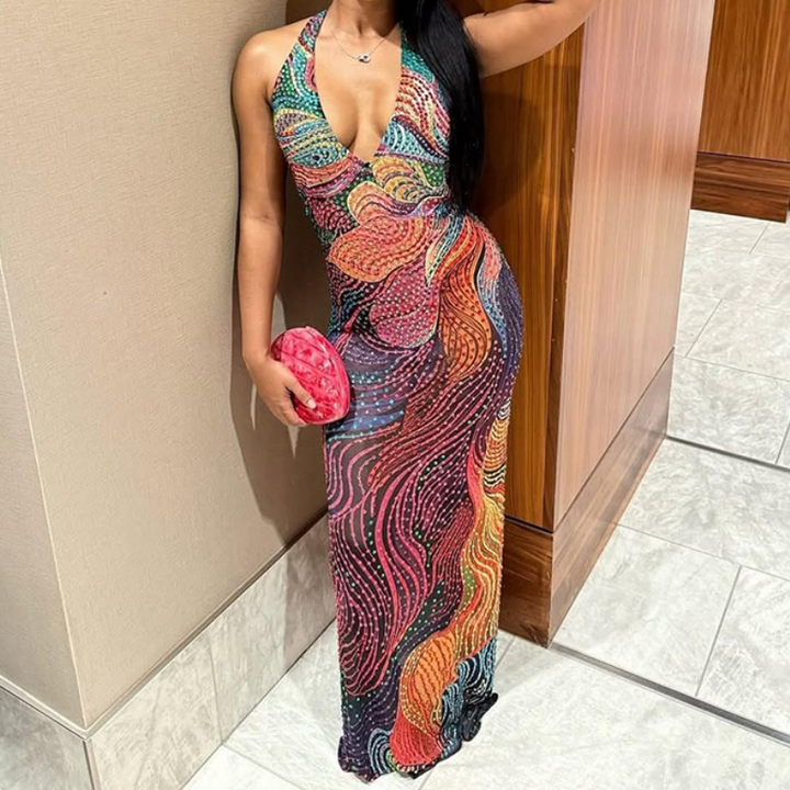 Halter v neck print contrast backless maxi dress  | Festival Outfits Women