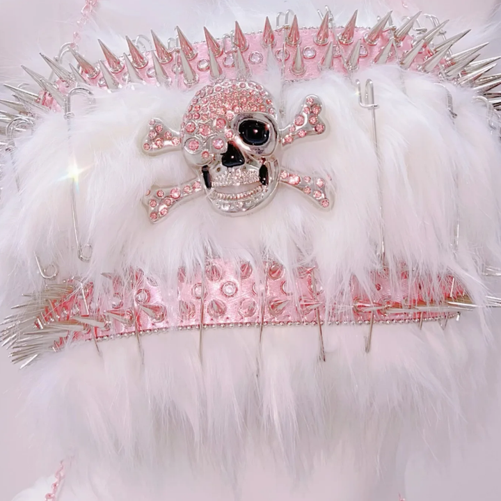 Fluffy skull applique metal chain o ring mini skirt set  | Festival Outfits Women