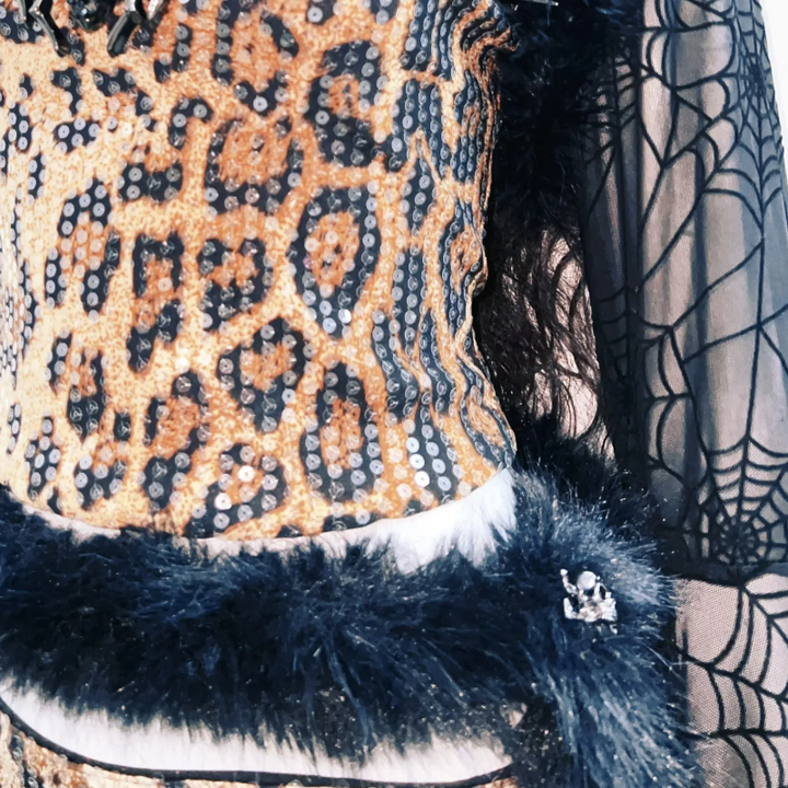 Leopard print glitter long sleeve spider applique mini skirt set  | Festival Outfits Women  | Leopard Print Mini Dress