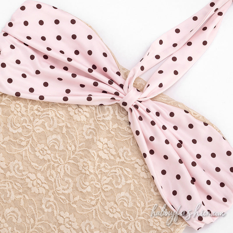 Halter self tie lace ruched polka dot mini skirt set - Halibuy - 7